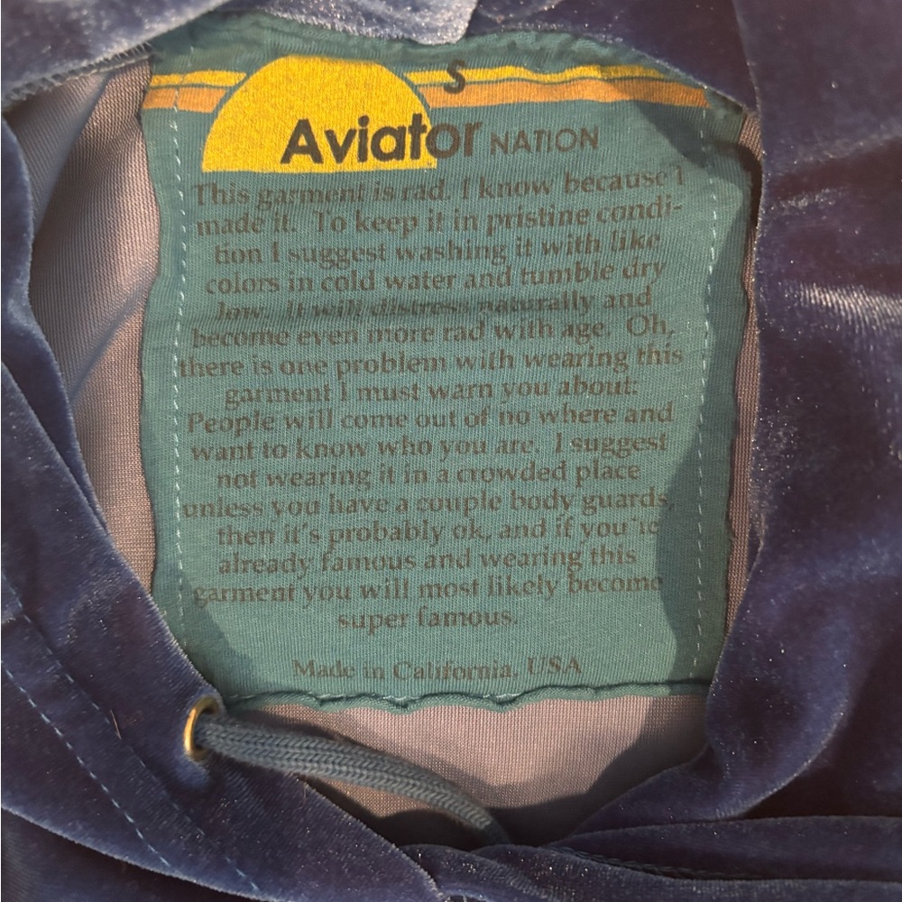 Aviator Nation Teal Velour Hoodie with Red & Yellow Sleeve Stripes - Picture 5 of 5